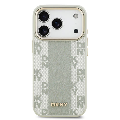 Apple iPhone 17 Pro Kılıf DKNY Orjinal Lisanslı M-safe Şarj Özellikli 3D Yazılı Checkered Pattern Kapak Bej