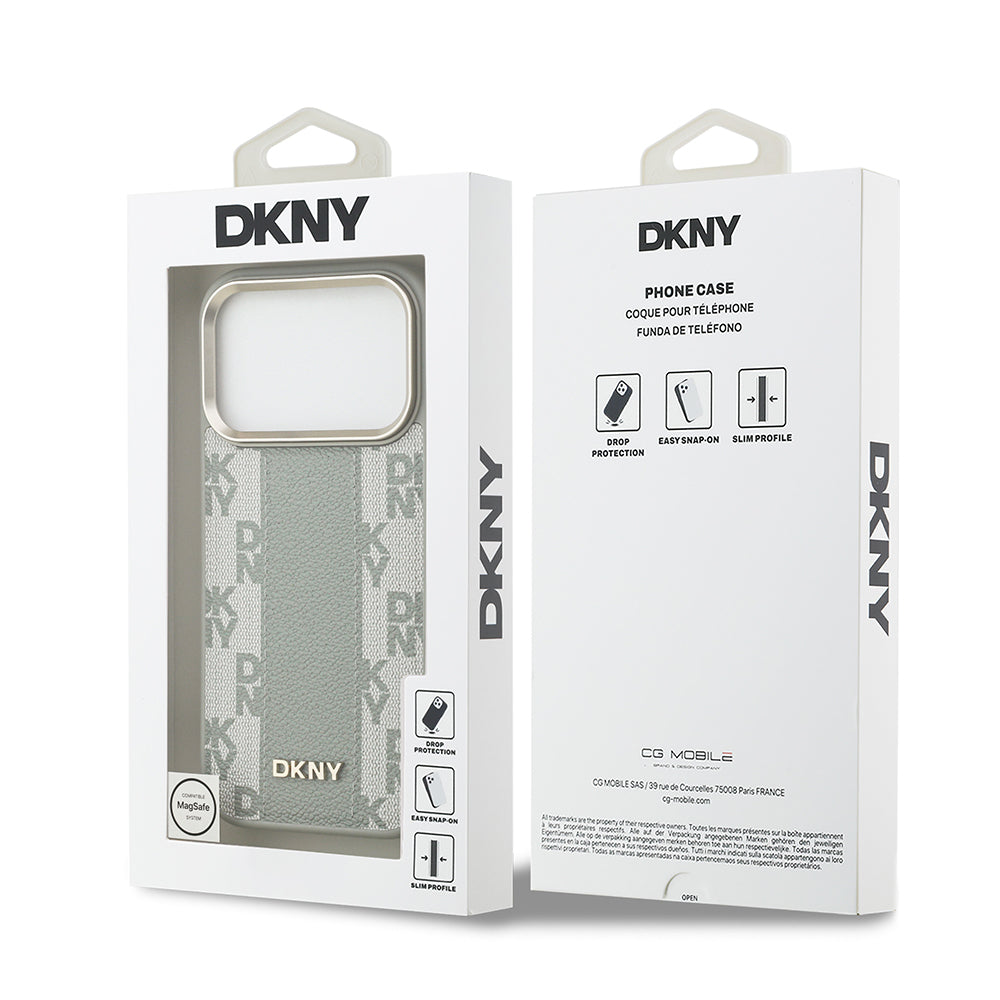 Apple iPhone 17 Pro Kılıf DKNY Orjinal Lisanslı M-safe Şarj Özellikli 3D Yazılı Checkered Pattern Kapak Bej