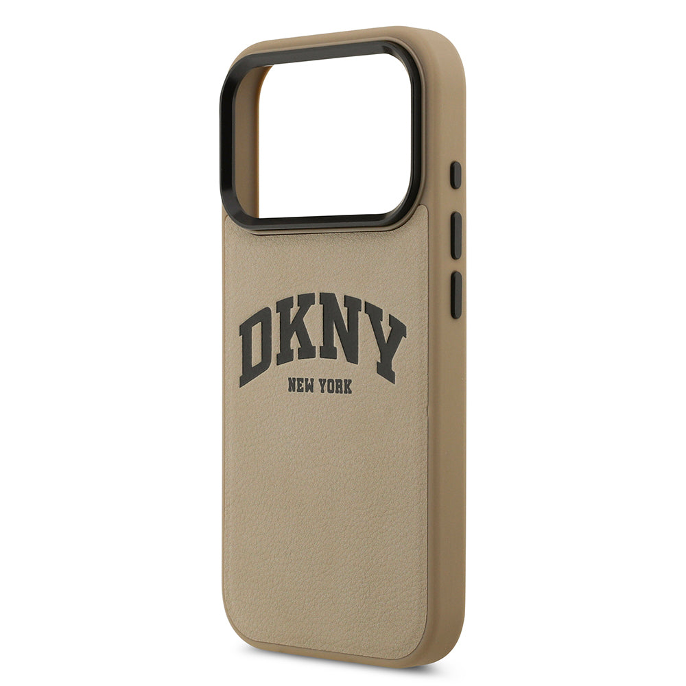 Apple iPhone 17 Pro Kılıf DKNY Orjinal Lisanslı M-safe Şarj Özellikli PU Deri Kabartmalı Kapak Bej