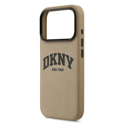 Apple iPhone 17 Pro Kılıf DKNY Orjinal Lisanslı M-safe Şarj Özellikli PU Deri Kabartmalı Kapak Bej