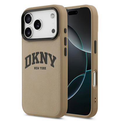 Apple iPhone 17 Pro Kılıf DKNY Orjinal Lisanslı M-safe Şarj Özellikli PU Deri Kabartmalı Kapak Bej