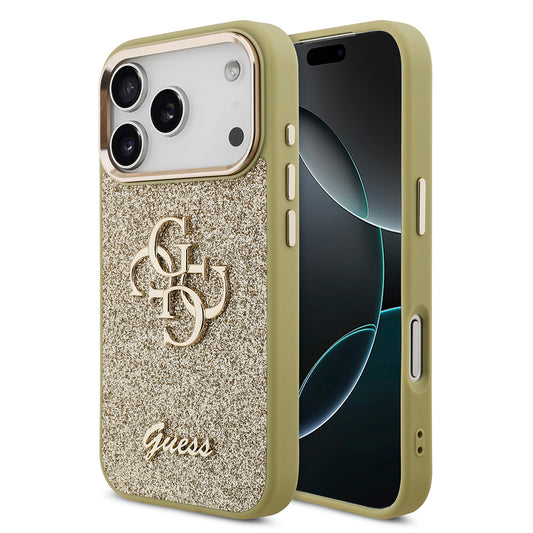 Apple iPhone 17 Pro Kılıf Guess Orjinal Lisanslı 4G Büyük Metal Kamera Çerçeveli ve Logolu Glitter Kapak Gold