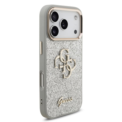 Apple iPhone 17 Pro Kılıf Guess Orjinal Lisanslı 4G Büyük Metal Kamera Çerçeveli ve Logolu Glitter Kapak Gri