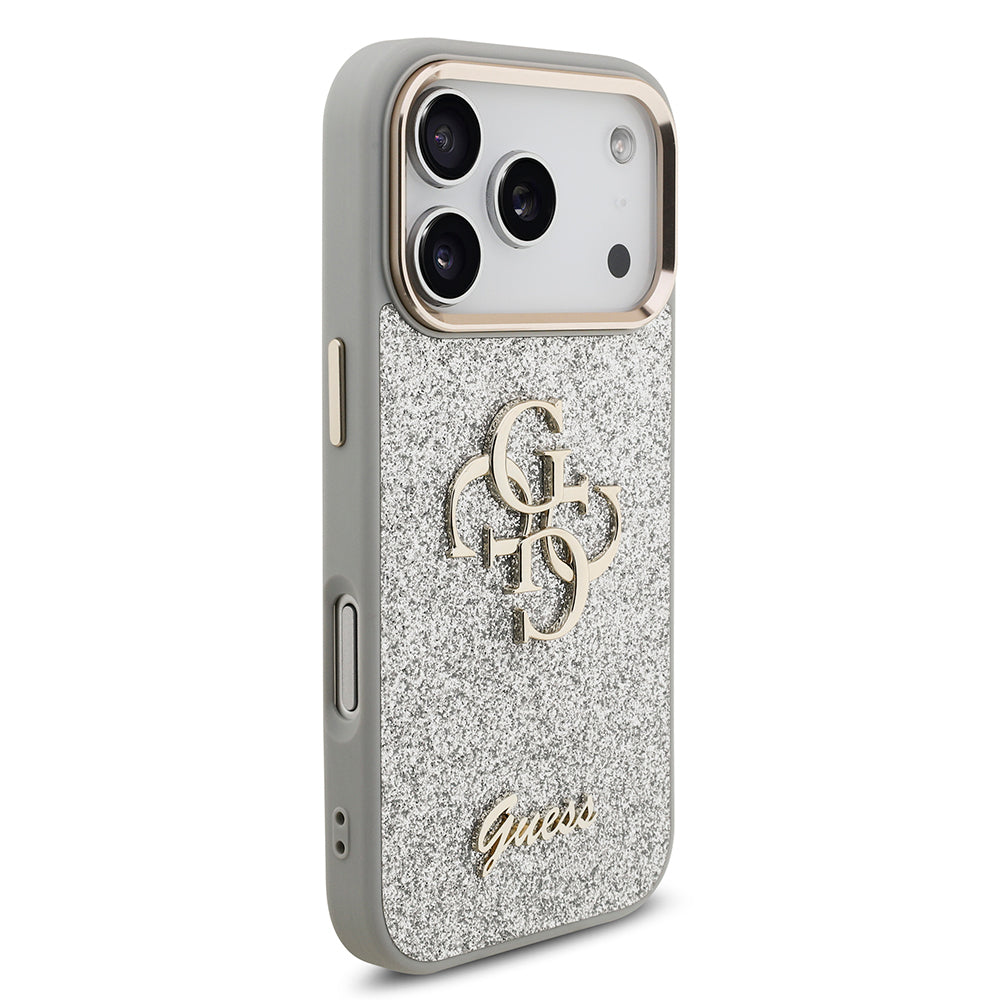 Apple iPhone 17 Pro Kılıf Guess Orjinal Lisanslı 4G Büyük Metal Kamera Çerçeveli ve Logolu Glitter Kapak Siyah