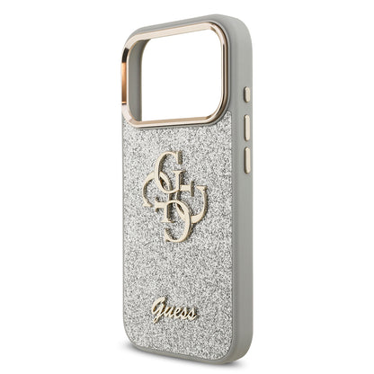 Apple iPhone 17 Pro Kılıf Guess Orjinal Lisanslı 4G Büyük Metal Kamera Çerçeveli ve Logolu Glitter Kapak Pembe
