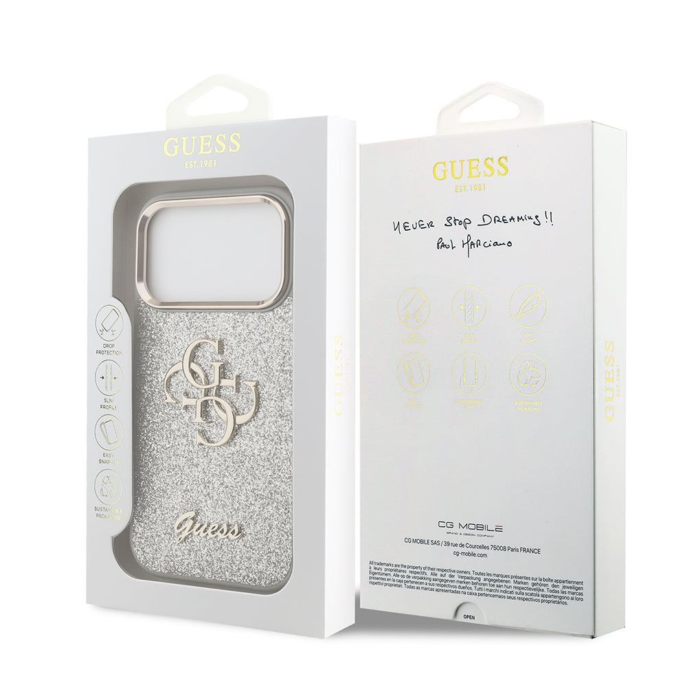 Apple iPhone 17 Pro Kılıf Guess Orjinal Lisanslı 4G Büyük Metal Kamera Çerçeveli ve Logolu Glitter Kapak Pembe