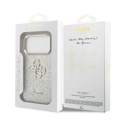 Apple iPhone 17 Pro Kılıf Guess Orjinal Lisanslı 4G Büyük Metal Kamera Çerçeveli ve Logolu Glitter Kapak Pembe