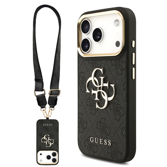 Apple iPhone 17 Pro Kılıf Guess Orjinal Lisanslı 4G Büyük Metal Logolu Kalın Askılı Kapak Kahverengi