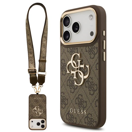 Apple iPhone 17 Pro Kılıf Guess Orjinal Lisanslı 4G Büyük Metal Logolu Kalın Askılı Kapak Kahverengi