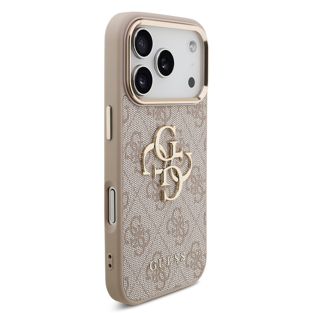 Apple iPhone 17 Pro Kılıf Guess Orjinal Lisanslı Gold Metal Kamera Çerçeveli 4G Desenli Metal Büyük 4G ve Yazı Logolu Kapak Pembe