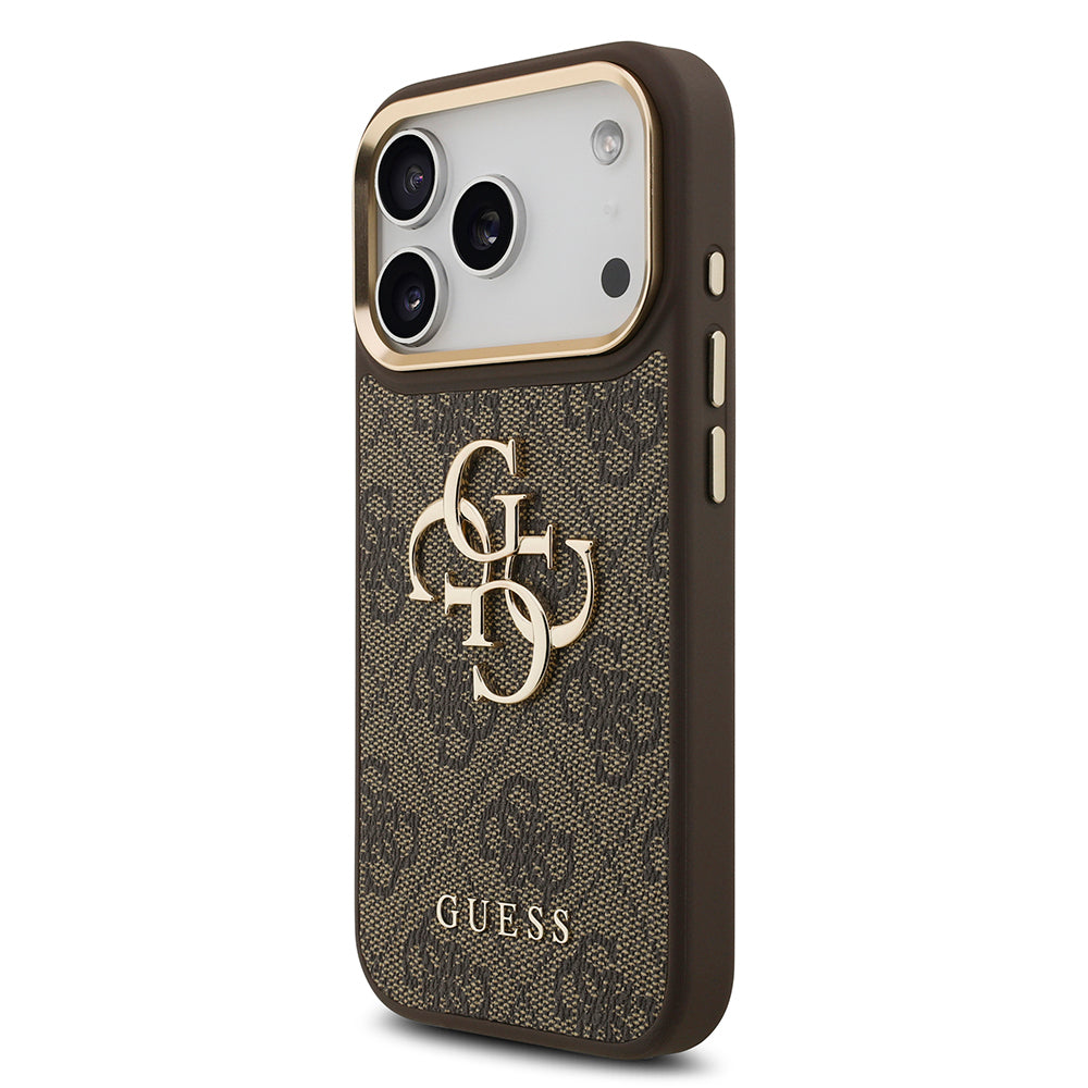 Apple iPhone 17 Pro Kılıf Guess Orjinal Lisanslı Gold Metal Kamera Çerçeveli 4G Desenli Metal Büyük 4G ve Yazı Logolu Kapak Siyah