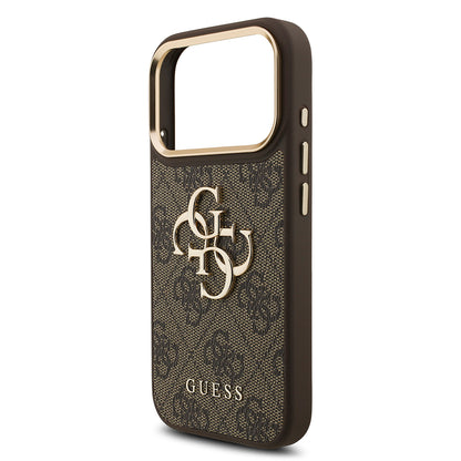 Apple iPhone 17 Pro Kılıf Guess Orjinal Lisanslı Gold Metal Kamera Çerçeveli 4G Desenli Metal Büyük 4G ve Yazı Logolu Kapak Kahverengi