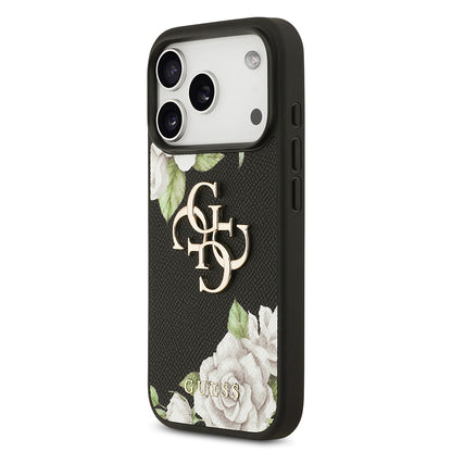 Apple iPhone 17 Pro Kılıf Guess Orjinal Lisanslı Gül Baskılı Büyük Metal Logo Dizaynlı Kapak Siyah
