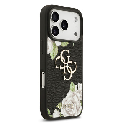 Apple iPhone 17 Pro Kılıf Guess Orjinal Lisanslı Gül Baskılı Büyük Metal Logo Dizaynlı Kapak Siyah