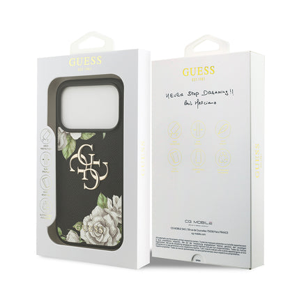 Apple iPhone 17 Pro Kılıf Guess Orjinal Lisanslı Gül Baskılı Büyük Metal Logo Dizaynlı Kapak Siyah