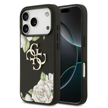 Apple iPhone 17 Pro Kılıf Guess Orjinal Lisanslı Gül Baskılı Büyük Metal Logo Dizaynlı Kapak Siyah