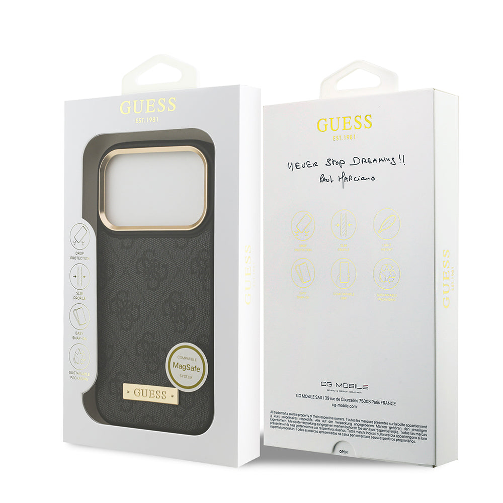 Apple iPhone 17 Pro Kılıf Guess Orjinal Lisanslı M-safe Şarj Özellikli 4G Desenli PU Metal Plaka Klasik Logolu Kapak Siyah