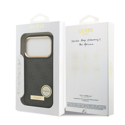 Apple iPhone 17 Pro Kılıf Guess Orjinal Lisanslı M-safe Şarj Özellikli 4G Desenli PU Metal Plaka Klasik Logolu Kapak Siyah