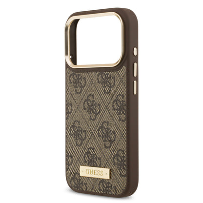 Apple iPhone 17 Pro Kılıf Guess Orjinal Lisanslı M-safe Şarj Özellikli 4G Desenli PU Metal Plaka Klasik Logolu Kapak Siyah