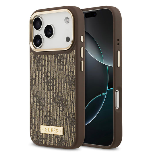 Apple iPhone 17 Pro Kılıf Guess Orjinal Lisanslı M-safe Şarj Özellikli 4G Desenli PU Metal Plaka Klasik Logolu Kapak