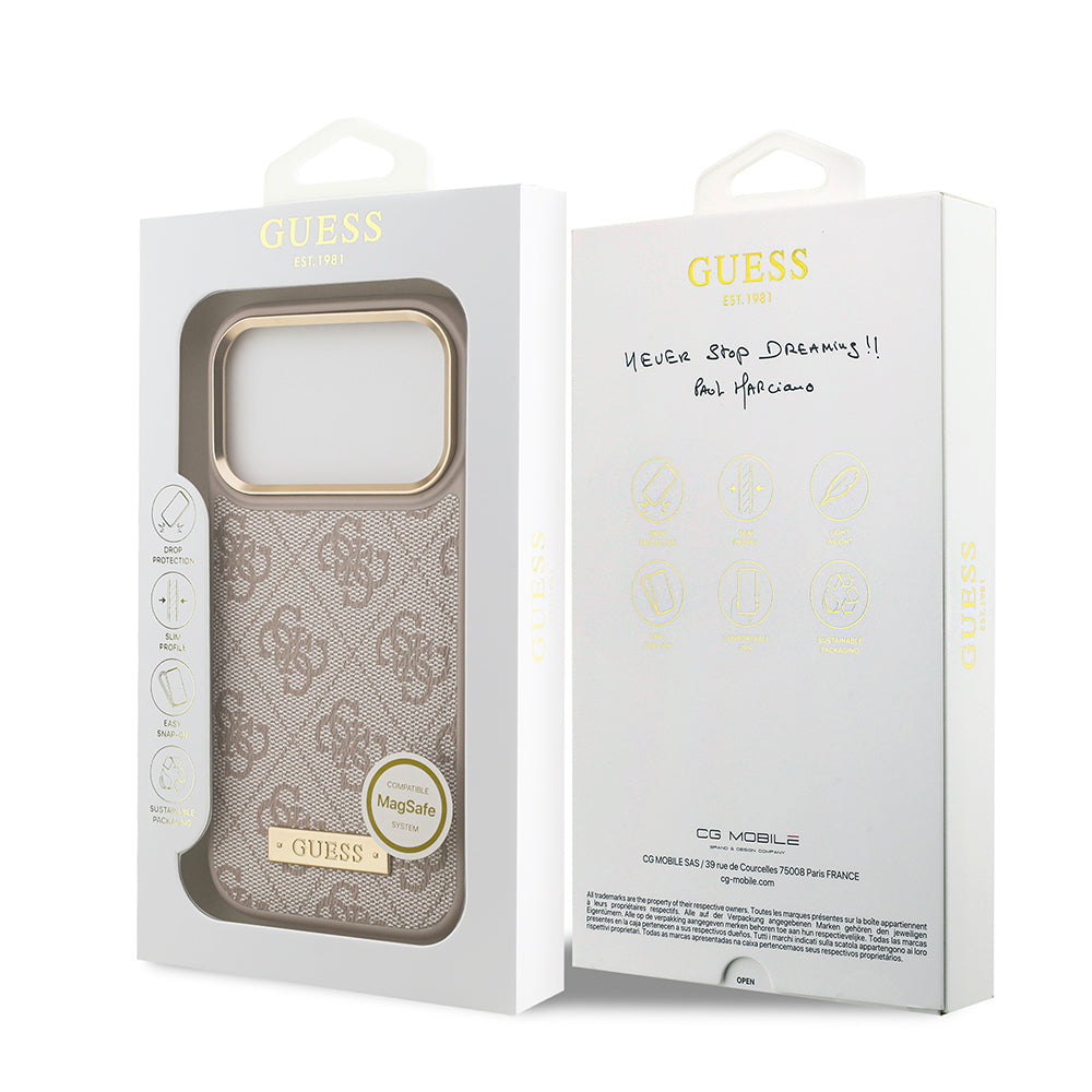 Apple iPhone 17 Pro Kılıf Guess Orjinal Lisanslı M-safe Şarj Özellikli 4G Desenli PU Metal Plaka Klasik Logolu Kapak Pembe