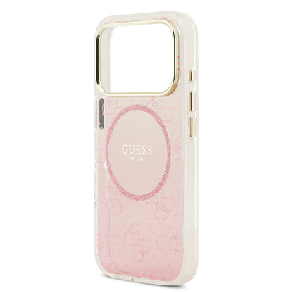 Apple iPhone 17 Pro Kılıf Guess Orjinal Lisanslı M-safe Şarj Özellikli 4G Desenli Simli Silikon Kapak Pembe