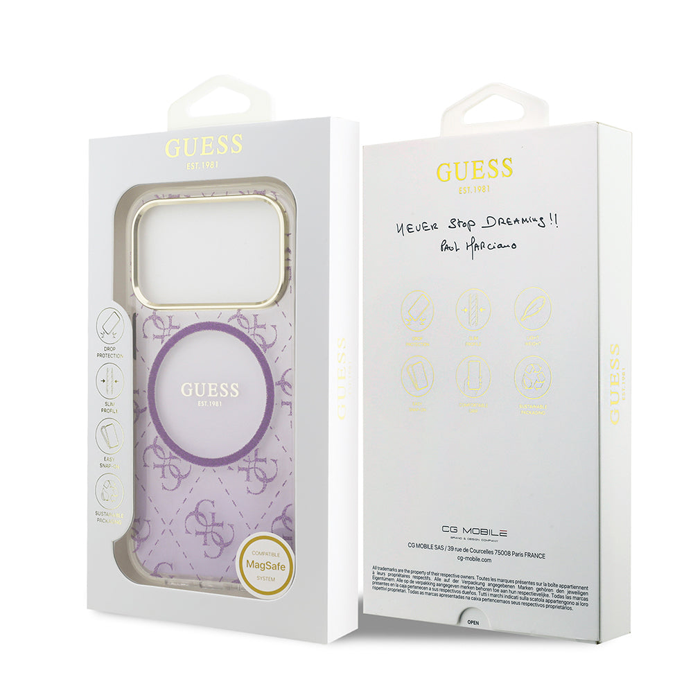 Apple iPhone 17 Pro Kılıf Guess Orjinal Lisanslı M-safe Şarj Özellikli 4G Desenli Simli Silikon Kapak Mor