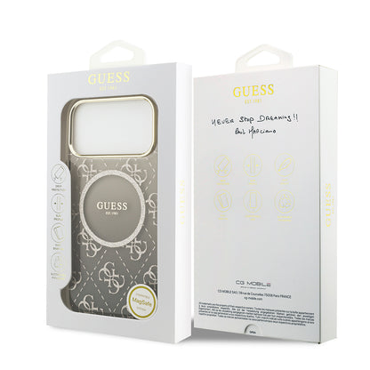 Apple iPhone 17 Pro Kılıf Guess Orjinal Lisanslı M-safe Şarj Özellikli 4G Desenli Simli Silikon Kapak Pembe