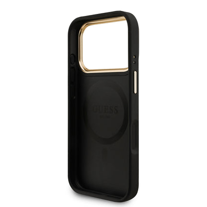 Apple iPhone 17 Pro Kılıf Guess Orjinal Lisanslı M-safe Şarj Özellikli 4G Metal Büyük Logolu Kartlıklı Kapak Siyah