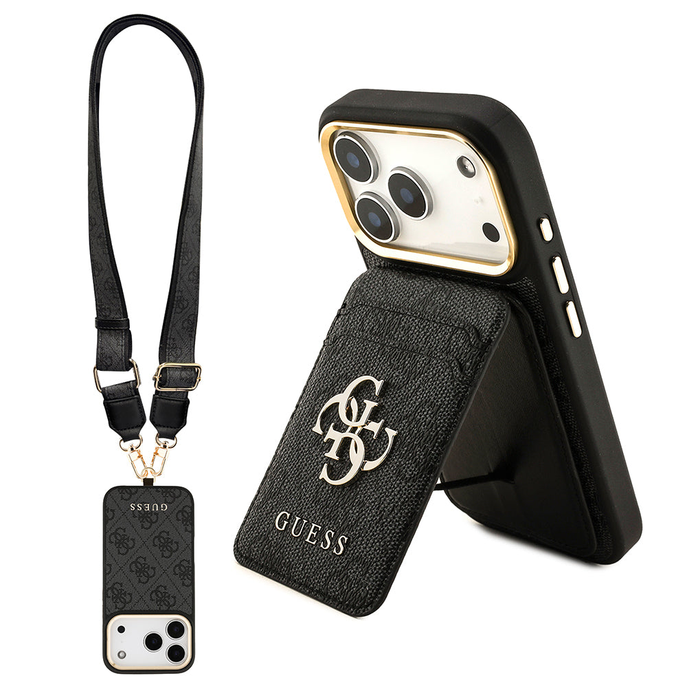 Apple iPhone 17 Pro Kılıf Guess Orjinal Lisanslı M-safe Şarj Özellikli Askılı ve 4G Logo Kartlıklı Kapak Kahverengi