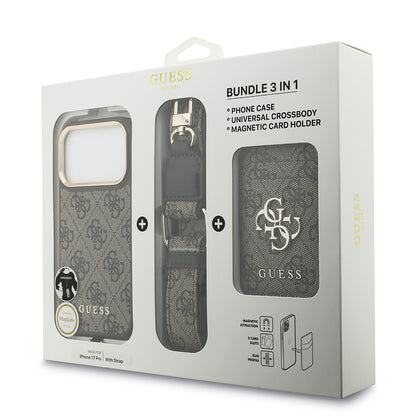 Apple iPhone 17 Pro Kılıf Guess Orjinal Lisanslı M-safe Şarj Özellikli Askılı ve 4G Logo Kartlıklı Kapak Kahverengi