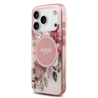 Apple iPhone 17 Pro Kılıf Guess Orjinal Lisanslı M-safe Şarj Özellikli Flower Tonal Circle Kapak Pembe