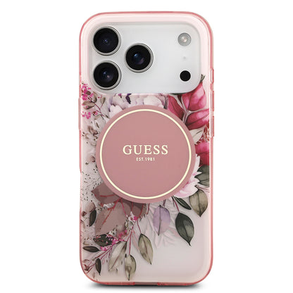 Apple iPhone 17 Pro Kılıf Guess Orjinal Lisanslı M-safe Şarj Özellikli Flower Tonal Circle Kapak Pembe