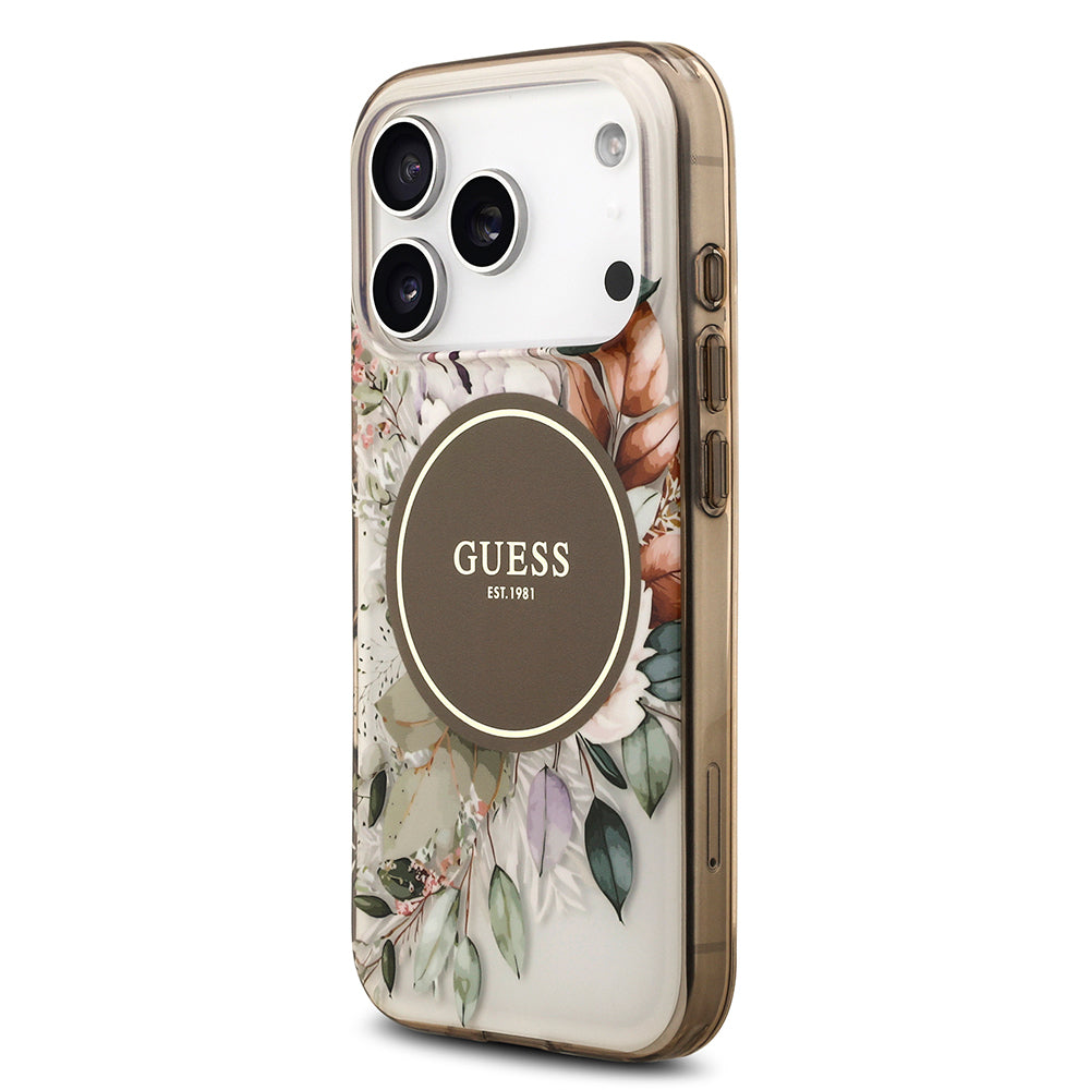 Apple iPhone 17 Pro Kılıf Guess Orjinal Lisanslı M-safe Şarj Özellikli Flower Tonal Circle Kapak Kahverengi
