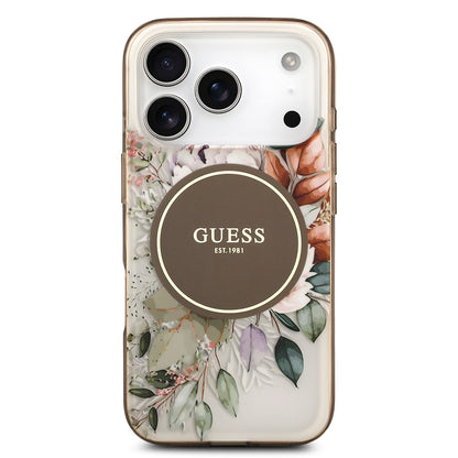 Apple iPhone 17 Pro Kılıf Guess Orjinal Lisanslı M-safe Şarj Özellikli Flower Tonal Circle Kapak Kahverengi