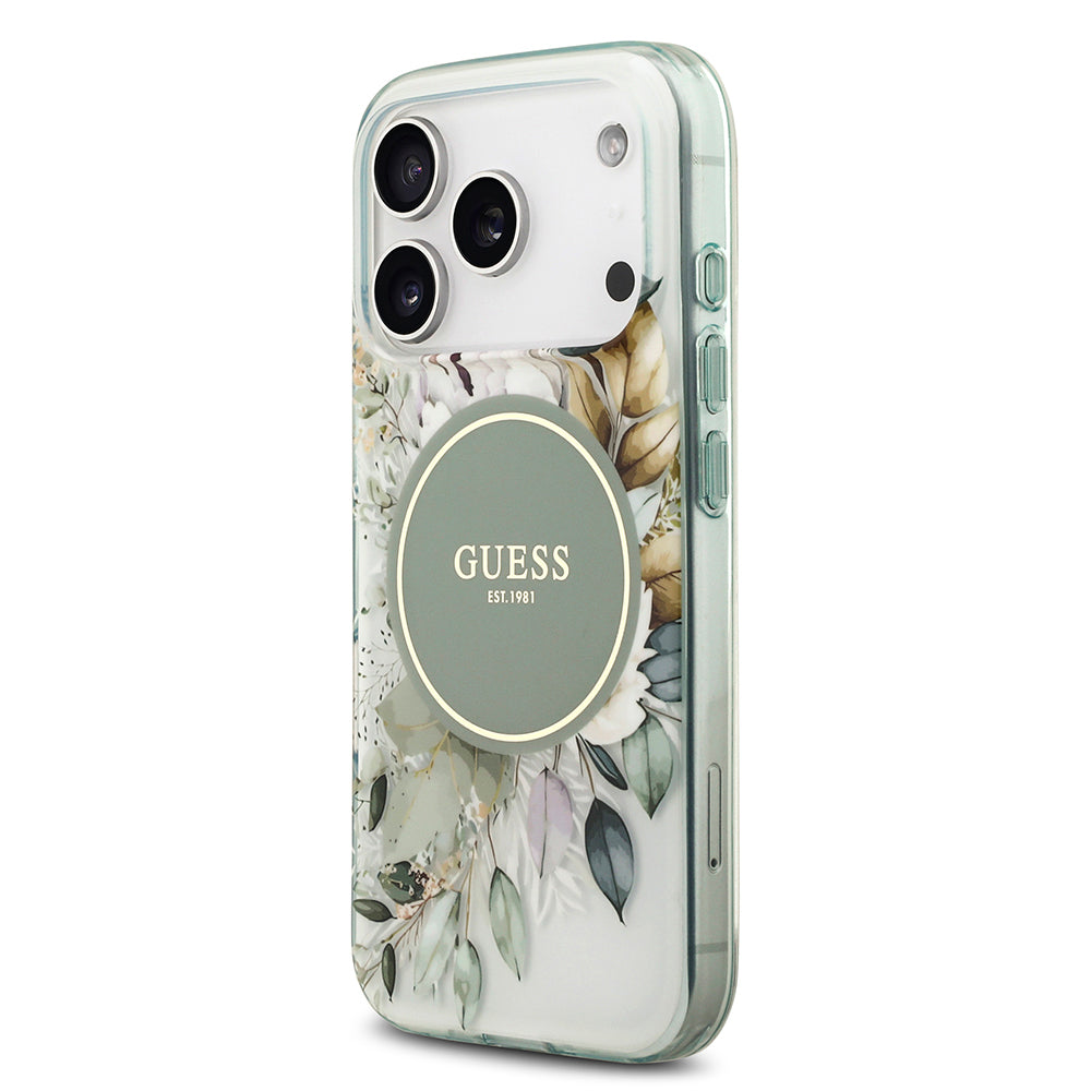 Apple iPhone 17 Pro Kılıf Guess Orjinal Lisanslı M-safe Şarj Özellikli Flower Tonal Circle Kapak Yeşil