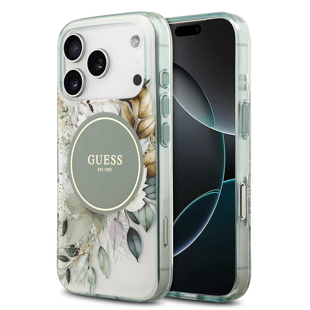 Apple iPhone 17 Pro Kılıf Guess Orjinal Lisanslı M-safe Şarj Özellikli Flower Tonal Circle Kapak Yeşil