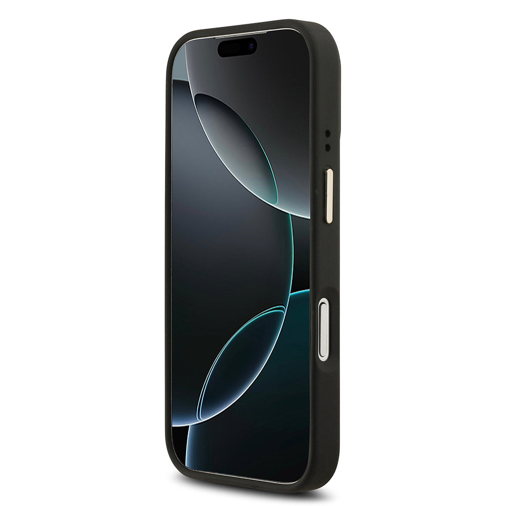 Apple iPhone 17 Pro Kılıf Guess Orjinal Lisanslı M-safe Şarj Özellikli Gold Metal Kamera Çerçeveli PU Deri 4G Desenli Yazı Logolu Kapak Siyah