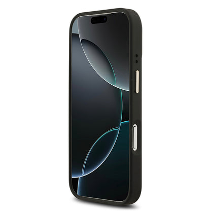 Apple iPhone 17 Pro Kılıf Guess Orjinal Lisanslı M-safe Şarj Özellikli Gold Metal Kamera Çerçeveli PU Deri 4G Desenli Yazı Logolu Kapak Pembe