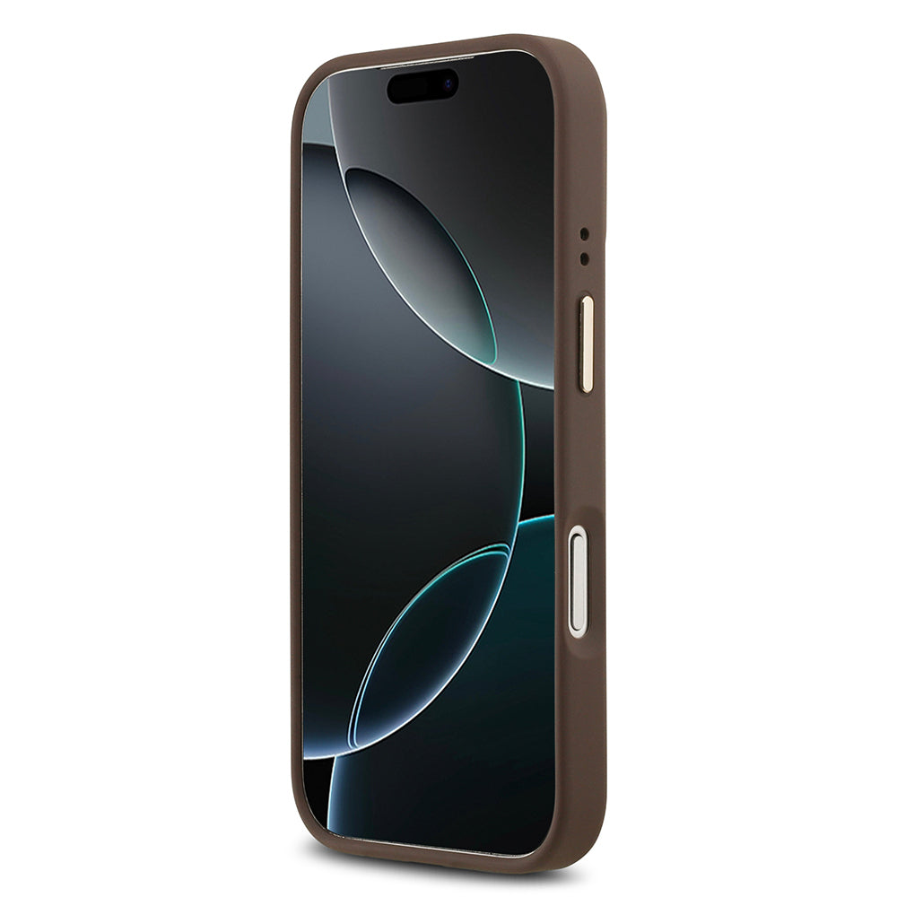 Apple iPhone 17 Pro Kılıf Guess Orjinal Lisanslı M-safe Şarj Özellikli Gold Metal Kamera Çerçeveli PU Deri 4G Desenli Yazı Logolu Kapak Siyah