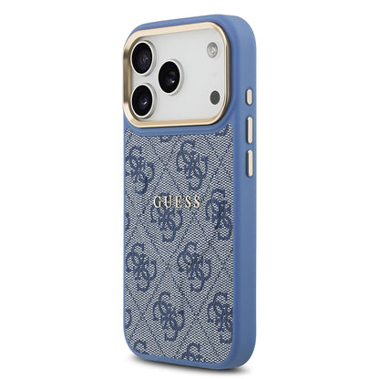 Apple iPhone 17 Pro Kılıf Guess Orjinal Lisanslı M-safe Şarj Özellikli Gold Metal Kamera Çerçeveli PU Deri 4G Desenli Yazı Logolu Kapak Siyah