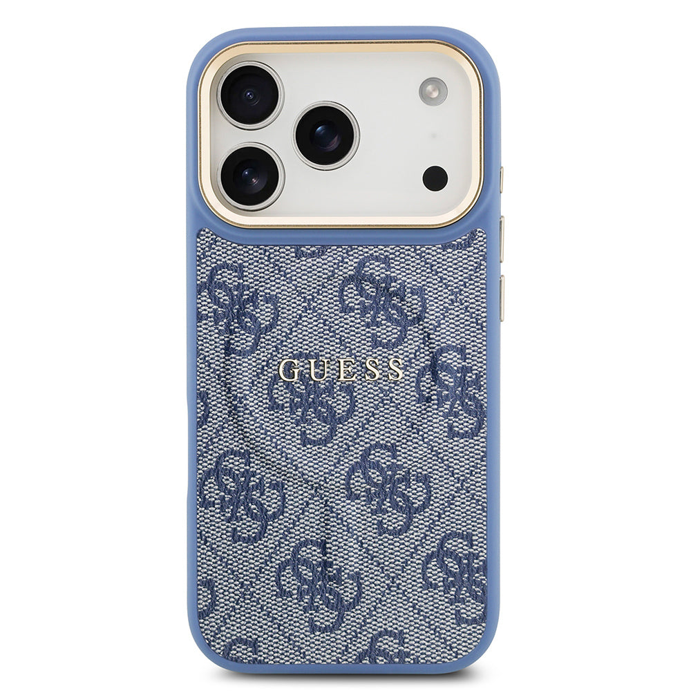 Apple iPhone 17 Pro Kılıf Guess Orjinal Lisanslı M-safe Şarj Özellikli Gold Metal Kamera Çerçeveli PU Deri 4G Desenli Yazı Logolu Kapak Mavi