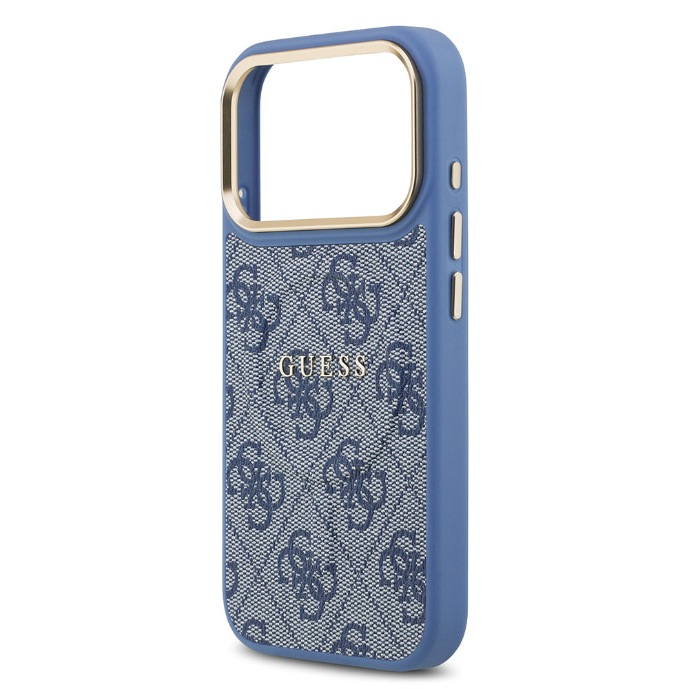 Apple iPhone 17 Pro Kılıf Guess Orjinal Lisanslı M-safe Şarj Özellikli Gold Metal Kamera Çerçeveli PU Deri 4G Desenli Yazı Logolu Kapak Mavi