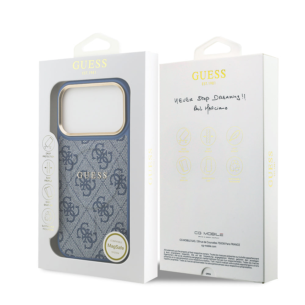Apple iPhone 17 Pro Kılıf Guess Orjinal Lisanslı M-safe Şarj Özellikli Gold Metal Kamera Çerçeveli PU Deri 4G Desenli Yazı Logolu Kapak Mavi