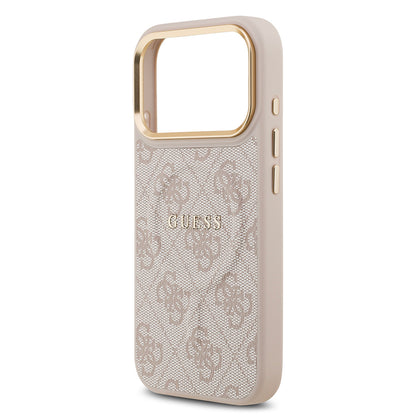 Apple iPhone 17 Pro Kılıf Guess Orjinal Lisanslı M-safe Şarj Özellikli Gold Metal Kamera Çerçeveli PU Deri 4G Desenli Yazı Logolu Kapak Pembe