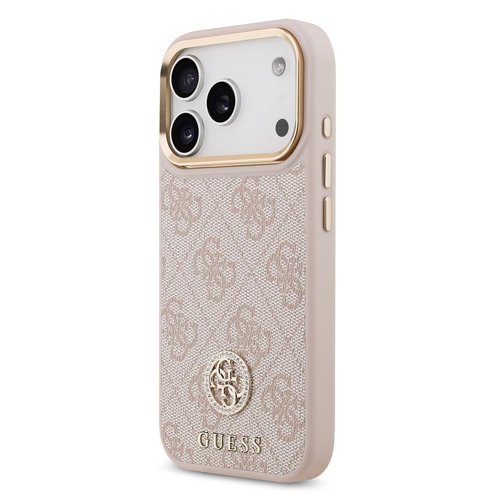 Apple iPhone 17 Pro Kılıf Guess Orjinal Lisanslı M-safe Şarj Özellikli Gold Metal Kamera Çerçeveli Taşlı 4G Logolu Kapak Pembe