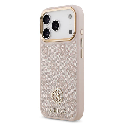 Apple iPhone 17 Pro Kılıf Guess Orjinal Lisanslı M-safe Şarj Özellikli Gold Metal Kamera Çerçeveli Taşlı 4G Logolu Kapak Pembe