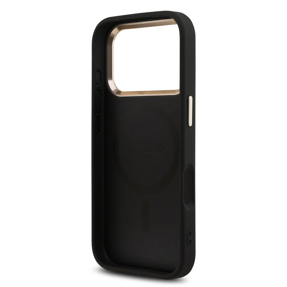 Apple iPhone 17 Pro Kılıf Guess Orjinal Lisanslı M-safe Şarj Özellikli Gold Metal Kamera Çerçeveli Taşlı Üçgen Logo 4G Desenli Kapak Siyah