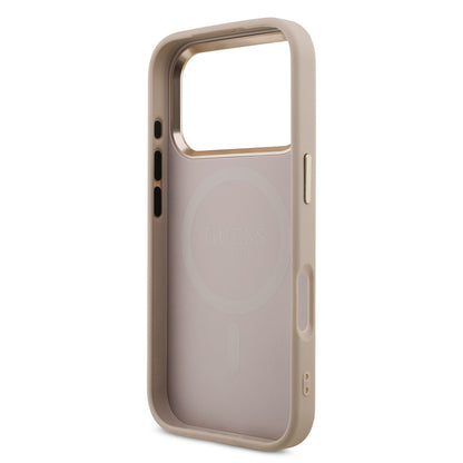 Apple iPhone 17 Pro Kılıf Guess Orjinal Lisanslı M-safe Şarj Özellikli Gold Metal Kamera Çerçeveli Taşlı Üçgen Logo 4G Desenli Kapak Kahverengi