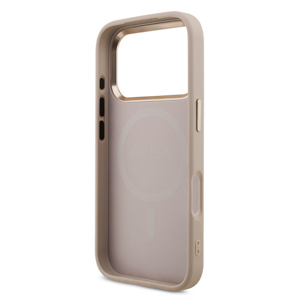 Apple iPhone 17 Pro Kılıf Guess Orjinal Lisanslı M-safe Şarj Özellikli Gold Metal Kamera Çerçeveli Taşlı Üçgen Logo 4G Desenli Kapak Siyah